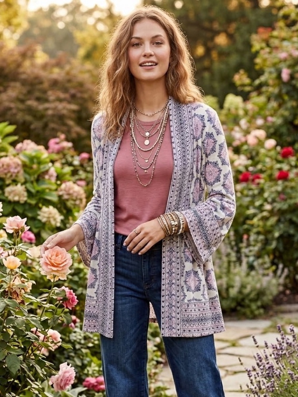 Dalia Floral Open-Front Lightweight Cardigan Sweater